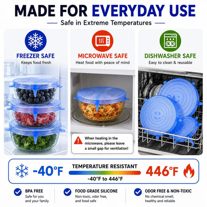 6 Pack Silicone Stretch Lids, Reusable Food Grade Silicone Container Cover