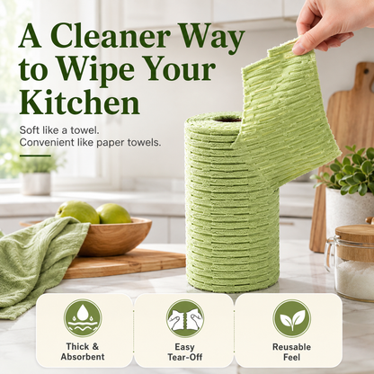 🍃 Bamboo Fiber Cleaning Cloth Roll – Thick Absorbent Tear-Off Kitchen Towels for Grease, Spills & Everyday Cleaning