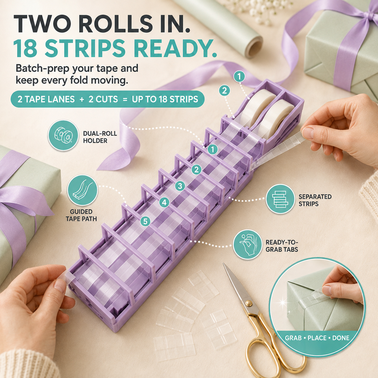🎁 Foldable 18-Strip Dual-Roll Tape Dispenser – Faster Gift Wrapping