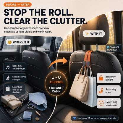 👜🚗Foldable Dual-Hook Car Headrest Organizer & Phone Holder