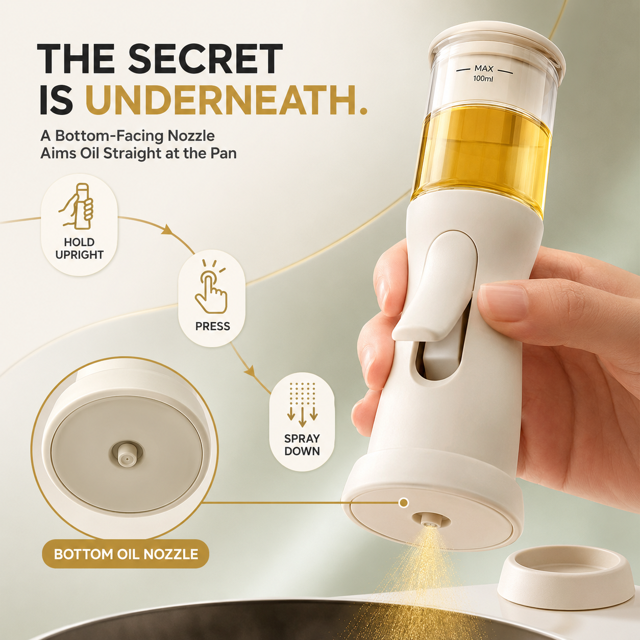 ✨ 100ml Bottom-Spray Cooking Oil Mister – One-Hand Precision Oil Sprayer with Protective Base