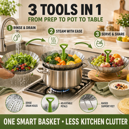 🥦 3-in-1 Adjustable Folding Steamer Basket – Steam, Rinse & Serve