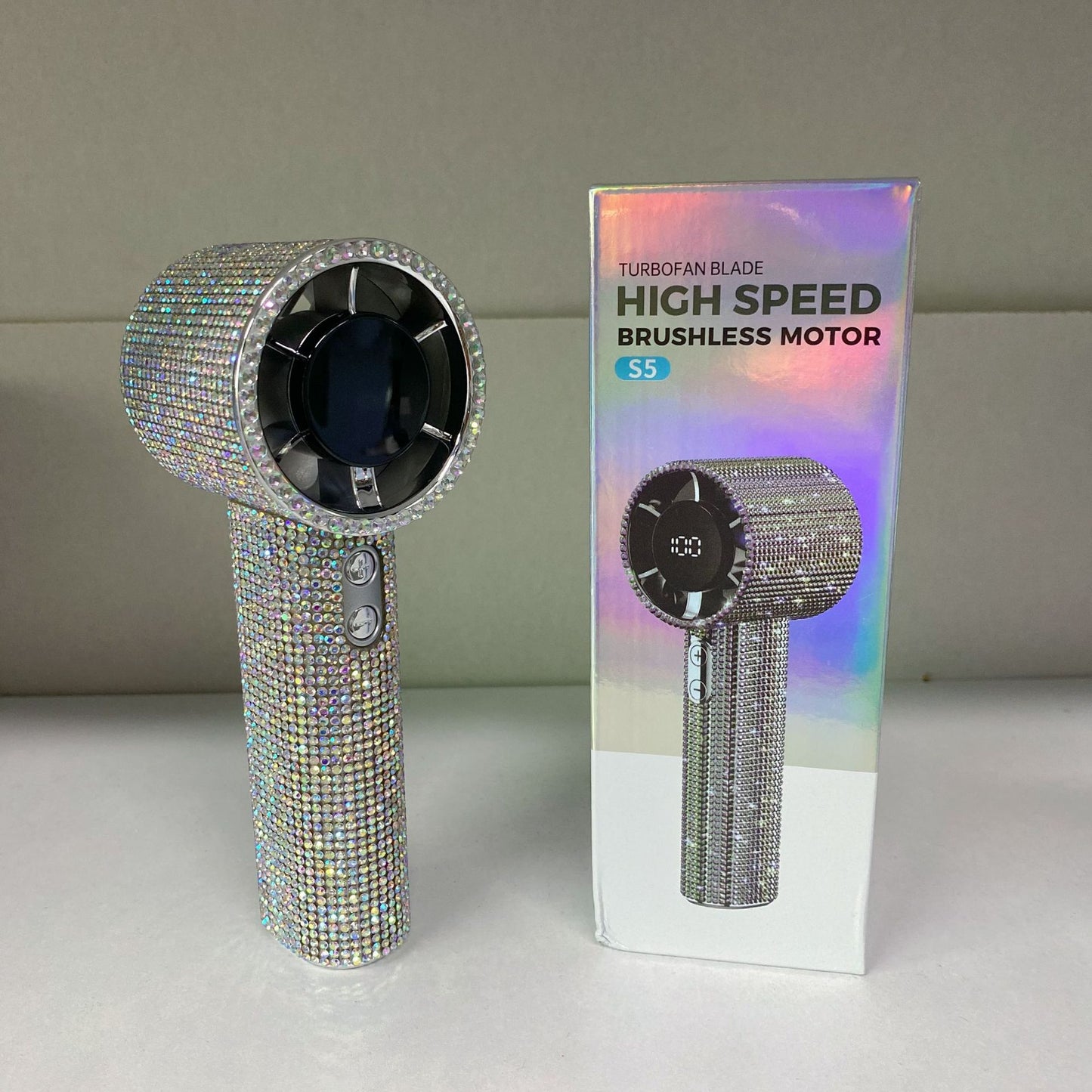 Crystal Rhinestone Portable Fan – 199-Speed Rechargeable Handheld Cooling Fan
