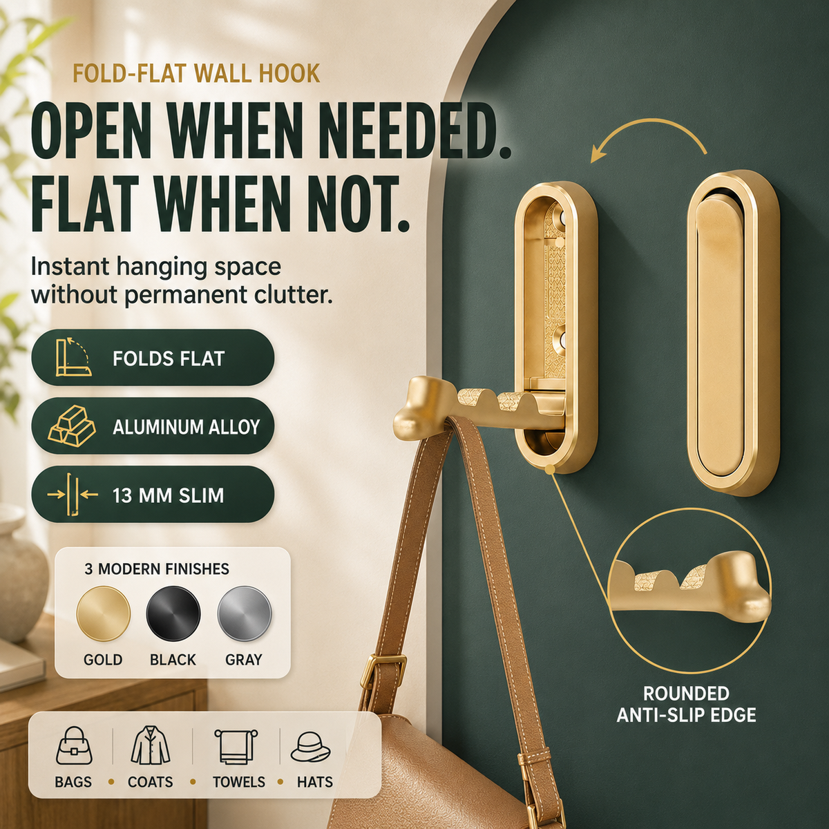 ✨ Fold-Flat Aluminum Wall Hook – Space-Saving Hidden Hanger for Towels, Bags & Clothes