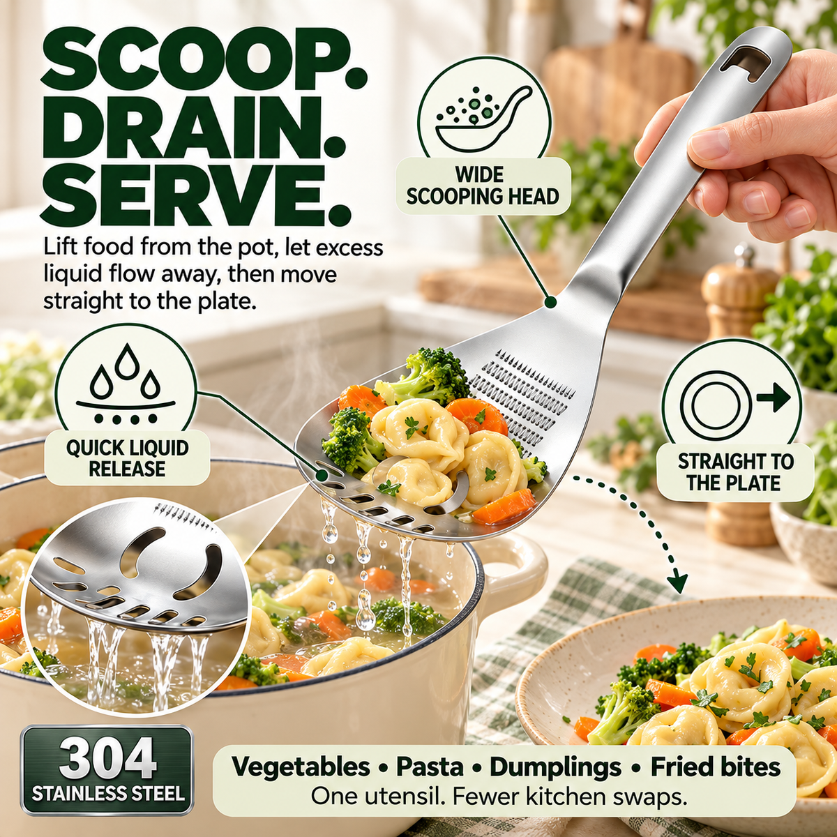 🥄 6-in-1 304 Stainless Steel Multi-Function Grater Spoon – Grate, Mash, Drain & Serve