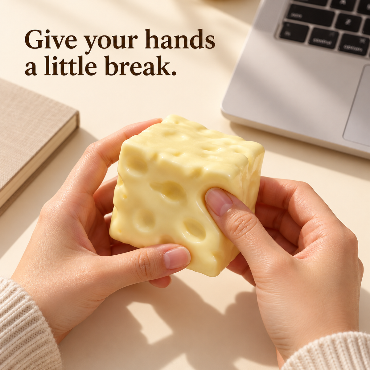 Hands squeezing a yellow cheese cube fidget toy at a desk