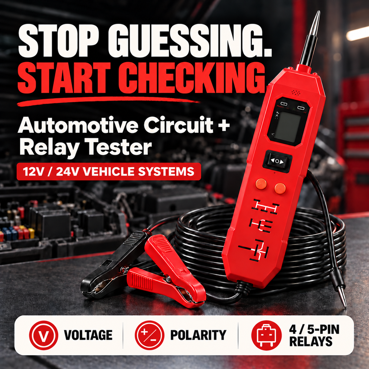 Automotive circuit and relay tester with battery-clamp leads