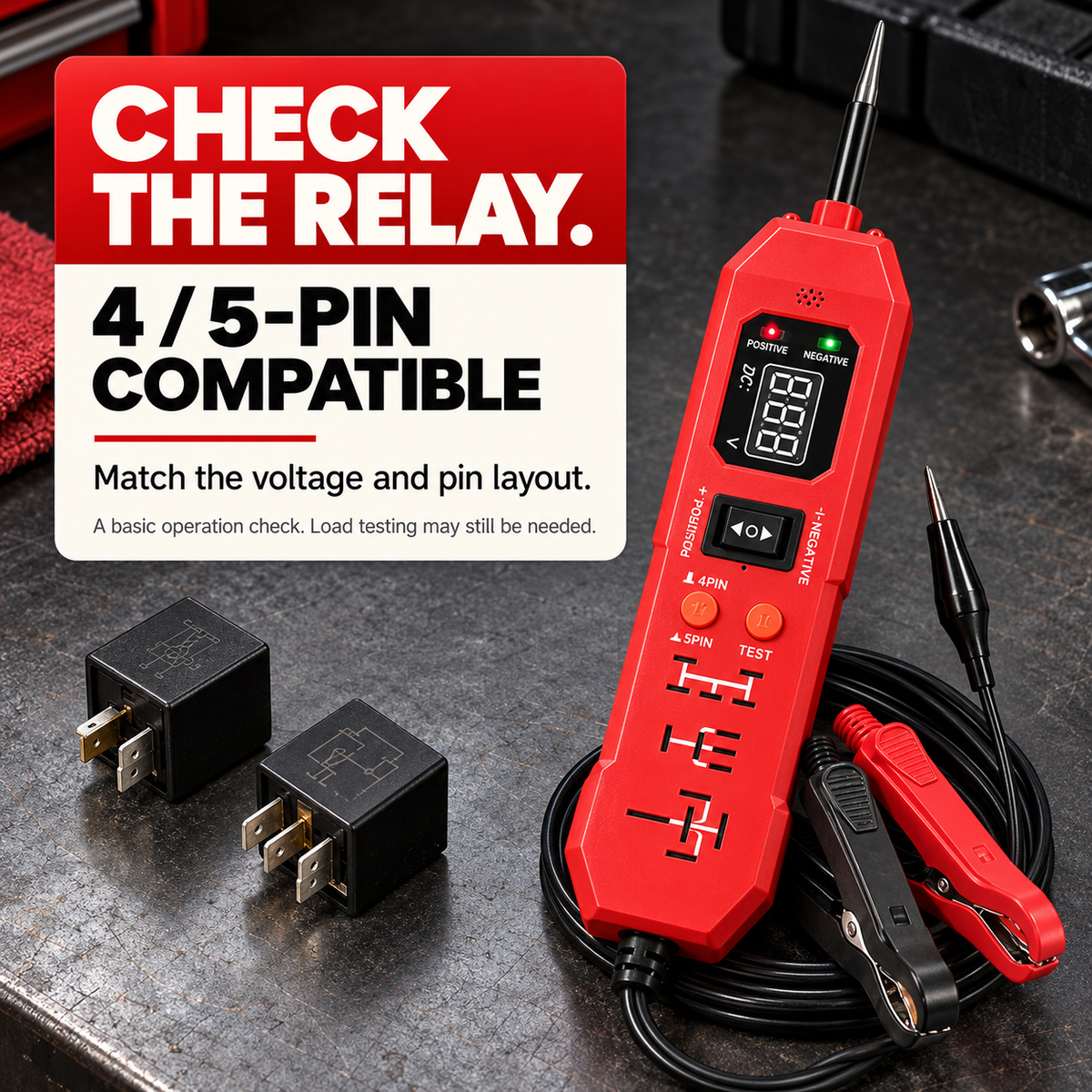 Red tester and compatible 4- and 5-pin automotive relays