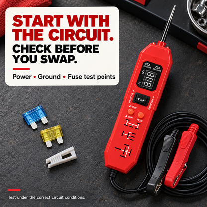 Circuit tester and fuse-checking garage context