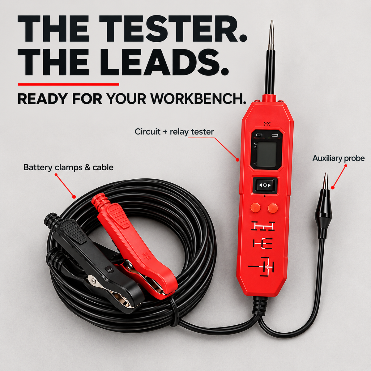 Red circuit and relay tester with integrated leads, battery clamps and auxiliary probe