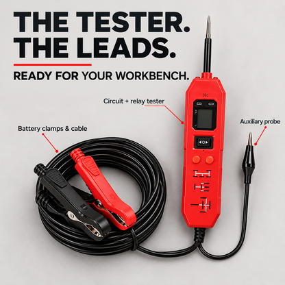 Red circuit and relay tester with integrated leads, battery clamps and auxiliary probe