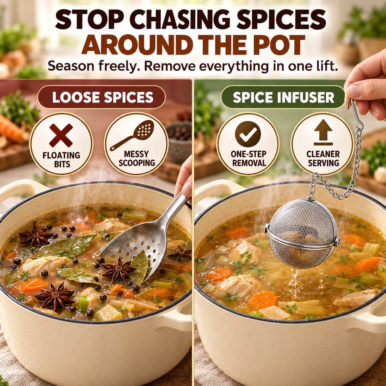 Stainless Steel Spice Infuser Ball – Full Flavor Without the Floating Spices 🍲