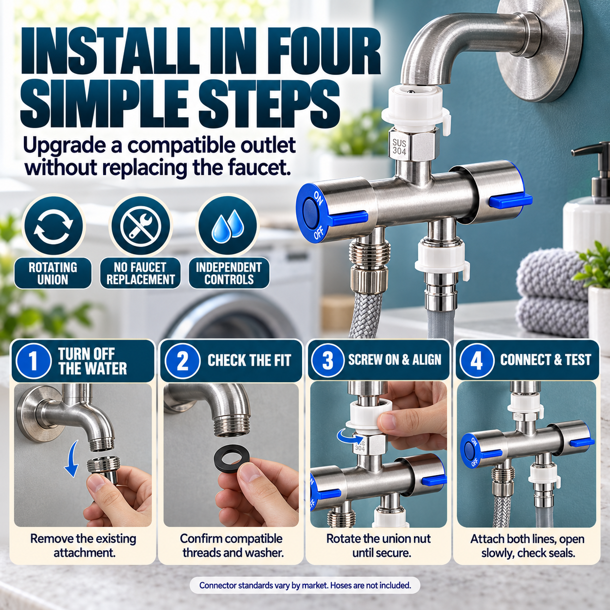 🚿 SUS 304 Dual-Control Faucet Splitter – 2-Way Hose & Washing Machine Adapter