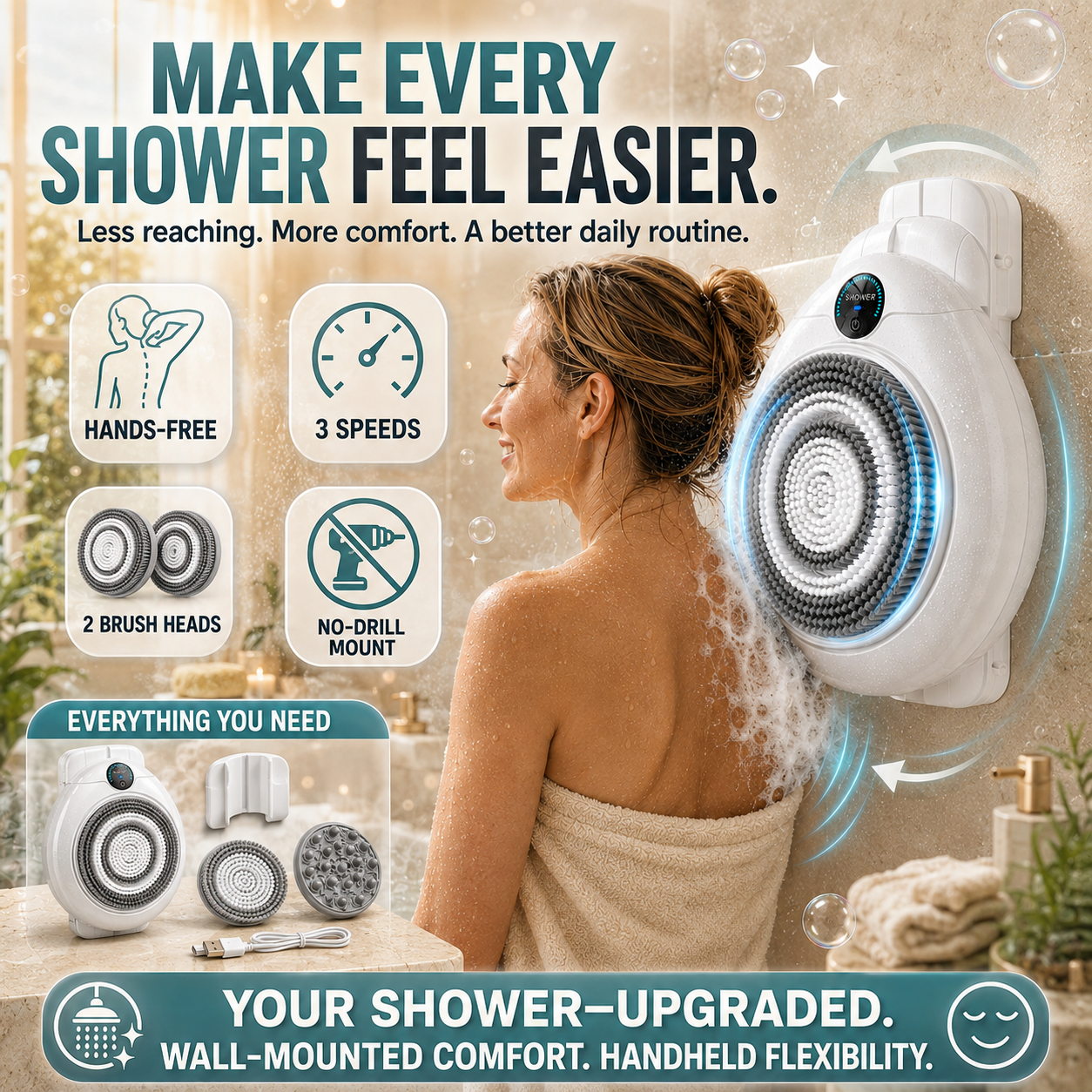 🚿Hands-Free Wall-Mounted Electric Back Scrubber – 3-Speed No-Drill Shower Brush🫧