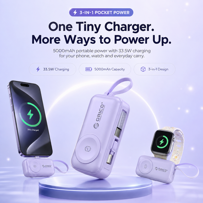 ⚡ 3-in-1 Mini Power Bank – 5000mAh 33.5W Phone & Watch Portable Charger