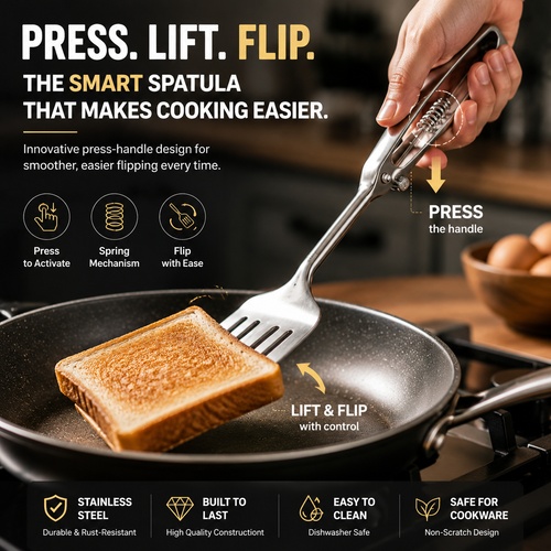 🍳 Press-To-Flip Stainless Steel Spatula | Smart Mechanical Kitchen Turner