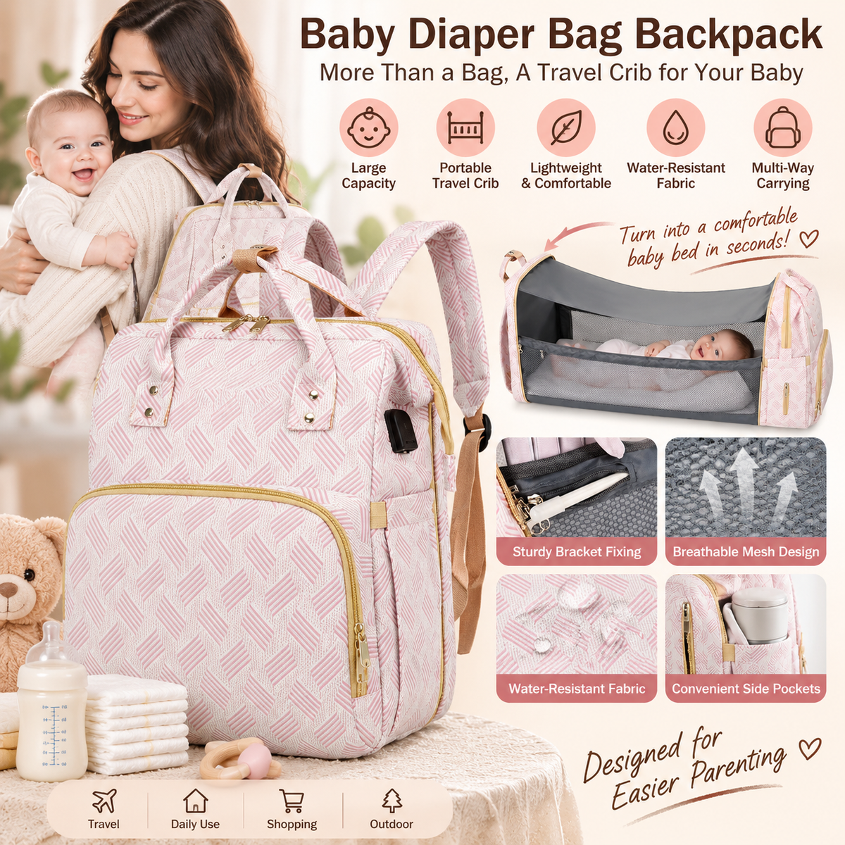 👶2-in-1 Baby Diaper Bag Backpack – Fold-Out Care Space & Large Storage