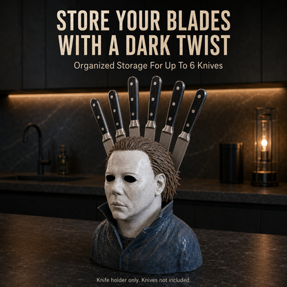 🔪 Horror Mask Bust 6-Slot Knife Holder – Gothic Kitchen Countertop Display