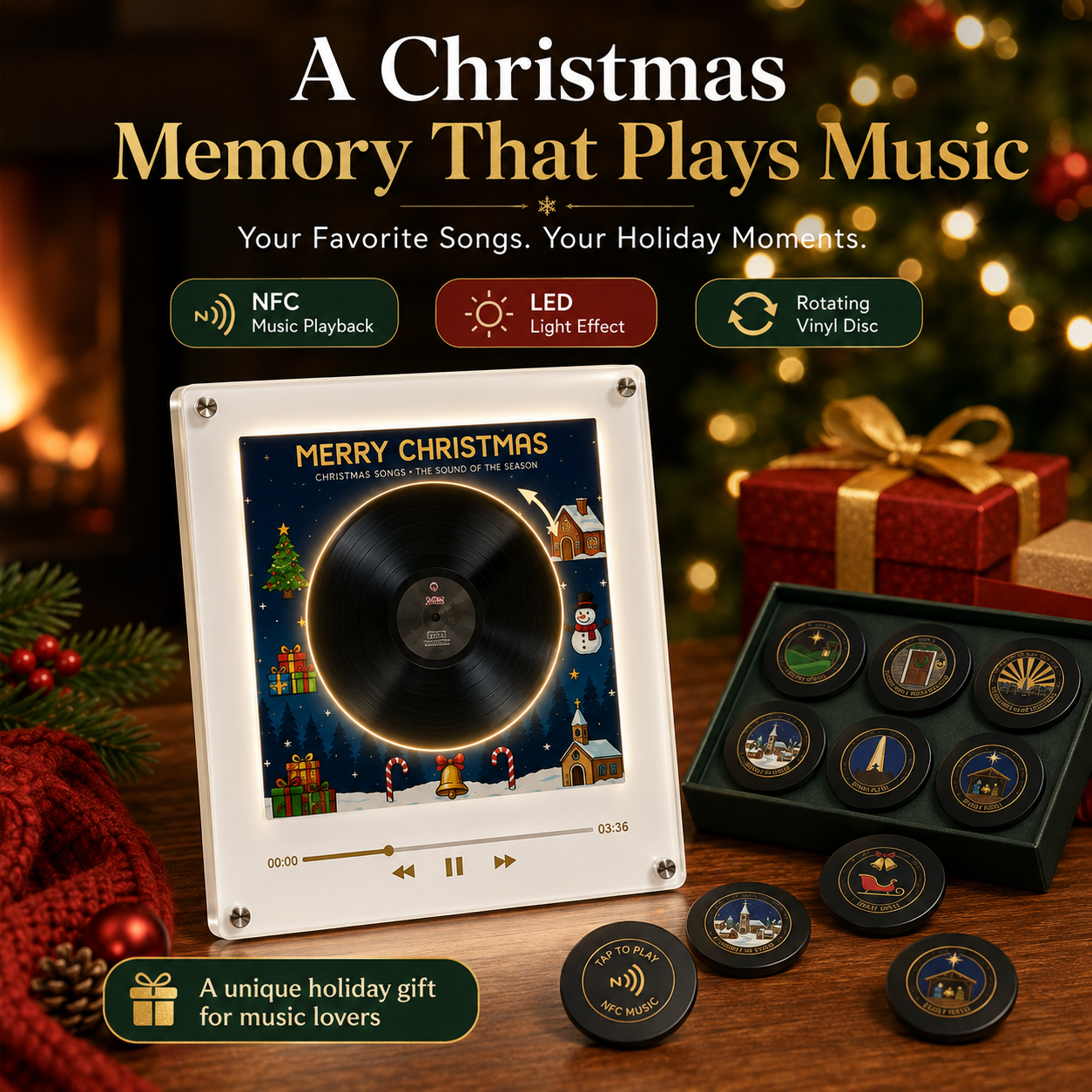 The Christmas Record That Plays Your Favorite Songs 🎄 – NFC Vinyl Music Display with LED & Rotating Disc