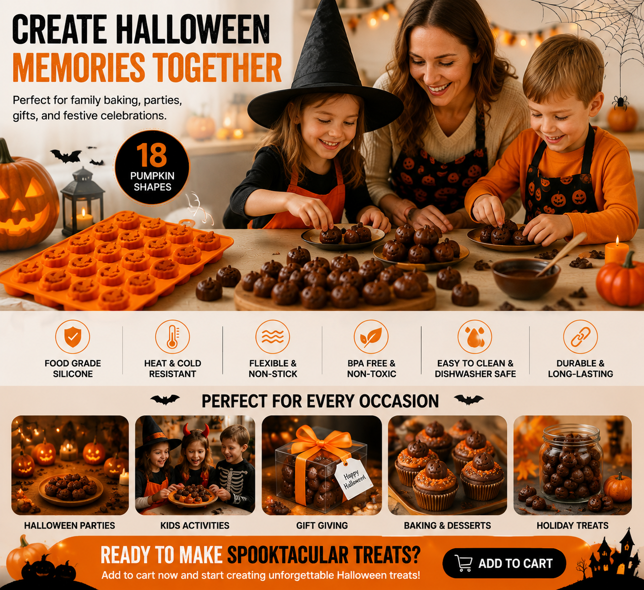 🎃 18-Cavity Halloween Pumpkin Silicone Mold | DIY Chocolate & Candy Treat Maker🍫