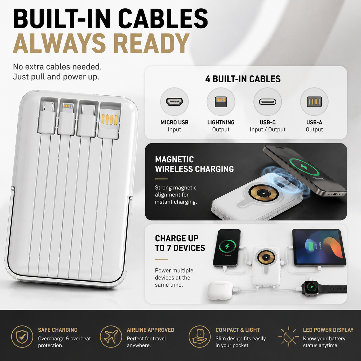 🔋 7-in-1 Magnetic Wireless Power Bank | All-In-One Travel Charger With Built-In Cables🧲