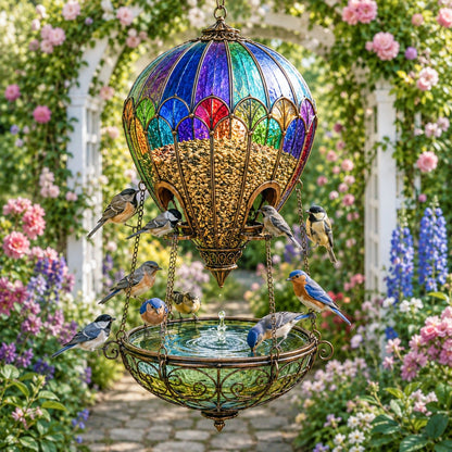 Stained Glass Hot Air Balloon Bird Feeder Fountain🐦