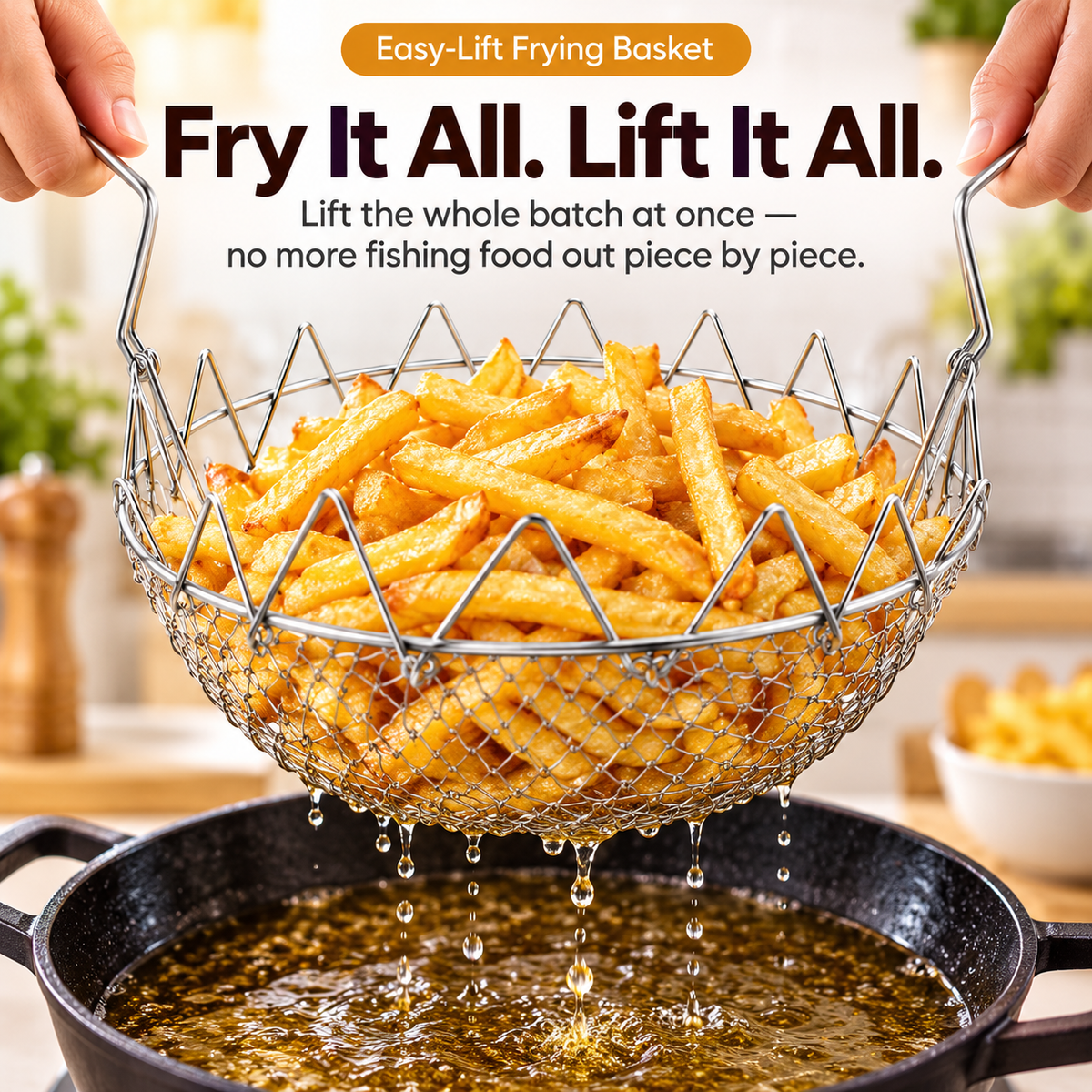 🍟 Foldable Easy-Lift Frying Basket – Fry, Lift & Drain in One Easy Move