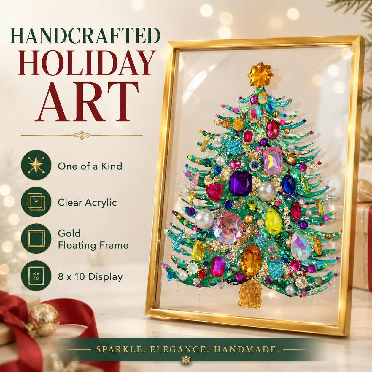Handmade Gem Christmas Tree Framed Acrylic Art | 8x10 Gold Frame Rhinestone Holiday Decor 🎄✨