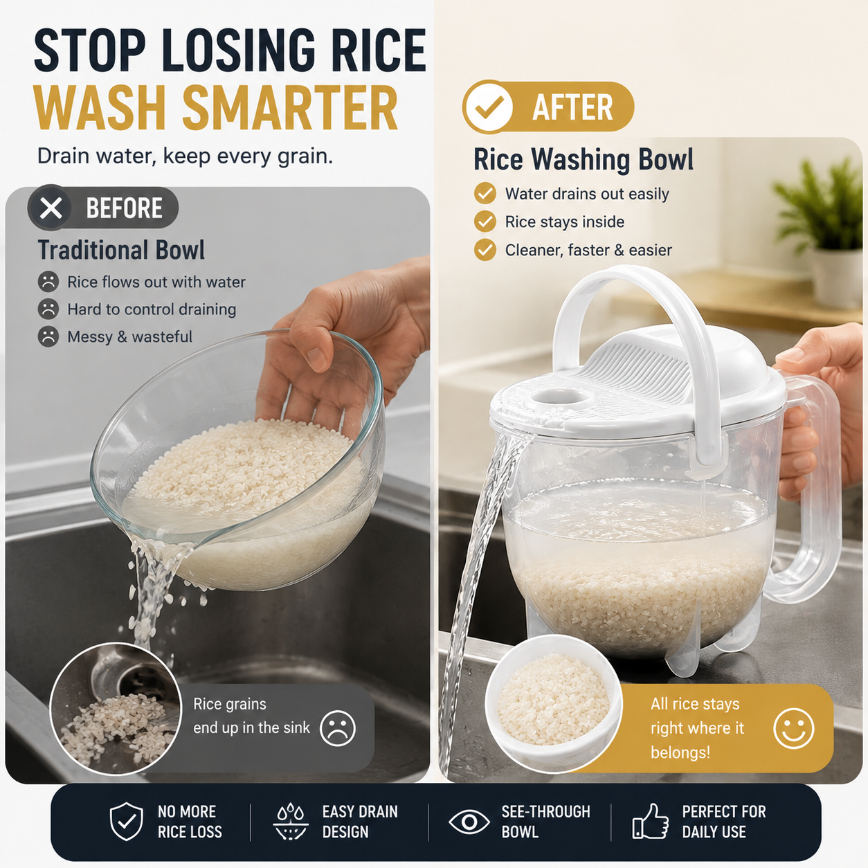 🍚 No-Mess Rice Washing Bowl – Transparent Rice Strainer with Easy Drain Handle for Faster Kitchen Prep