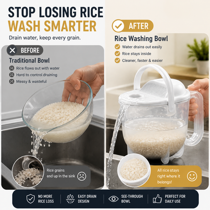 🍚 No-Mess Rice Washing Bowl – Transparent Rice Strainer with Easy Drain Handle for Faster Kitchen Prep