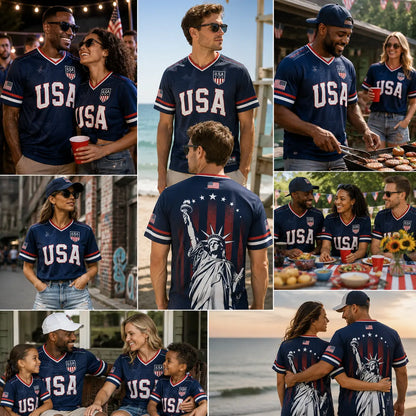 USA Soccer Jersey Men Women Navy Patriotic American Flag Football Shirt Statue of Liberty Graphic V Neck Sports Tee Red White Blue Stars Stripes Short Sleeve Athletic Top 4th of July Independence Day Fan ApparelUSA Soccer Jersey Men Women Navy Patriotic A