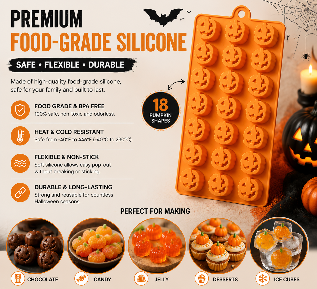 🎃 18-Cavity Halloween Pumpkin Silicone Mold | DIY Chocolate & Candy Treat Maker🍫