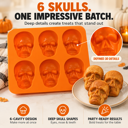 💀 6-Cavity Silicone Skull Baking Mold – Halloween Pizza, Cake & Treat Maker
