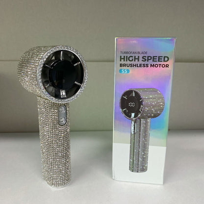 Crystal Rhinestone Portable Fan – 199-Speed Rechargeable Handheld Cooling Fan