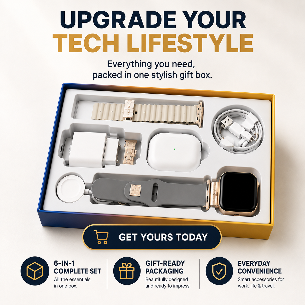 🎁 6-in-1 Smart Tech Gift Set – Smart Watch, Wireless Earbuds & Charging Essentials Kit