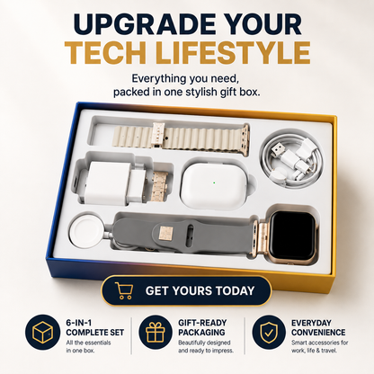 🎁 6-in-1 Smart Tech Gift Set – Smart Watch, Wireless Earbuds & Charging Essentials Kit