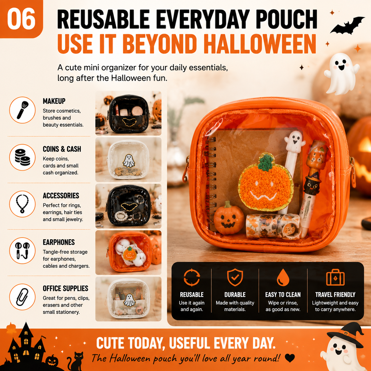 🎃 Halloween Mini Clear Pouch – Cute Pumpkin Ghost Bat Treat Bag for Candy, Makeup & Small Treasures