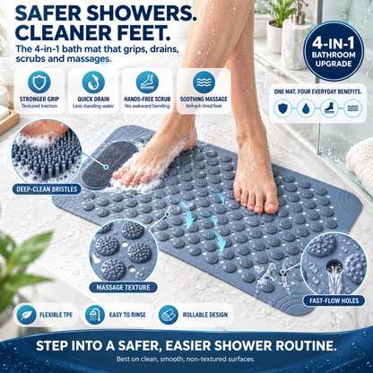 🚿3-in-1 Non-Slip Bath Mat with Foot Scrubber – Quick-Drain Massage & Cleaning Mat