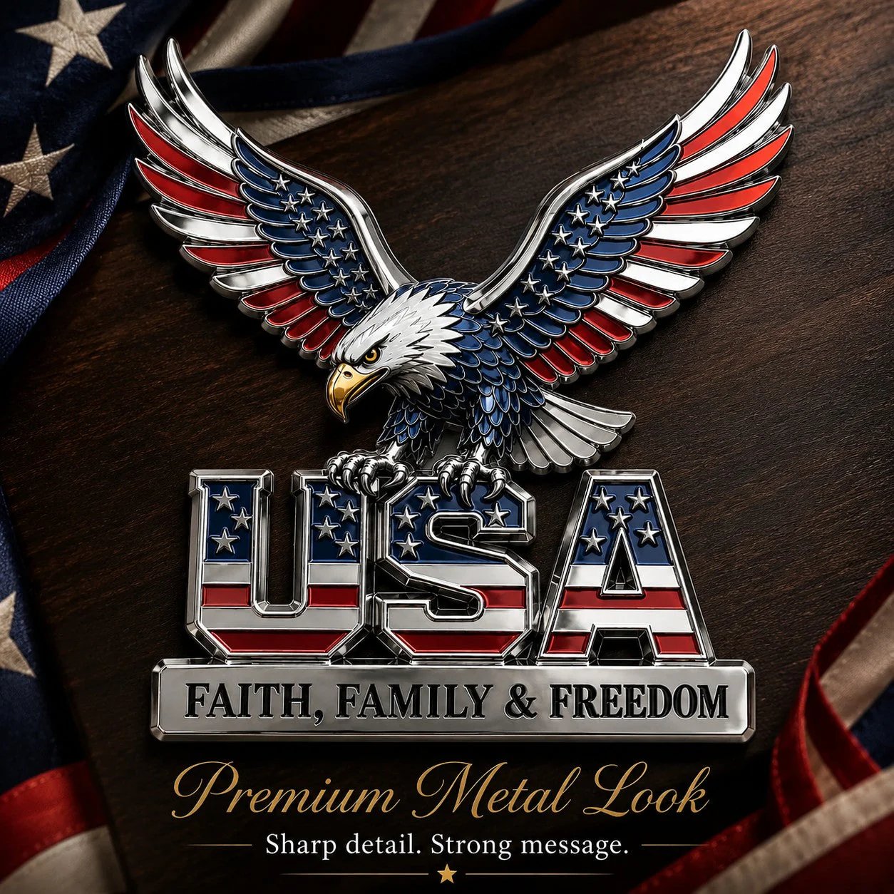 🦅 PATRIOTIC FAVORITE | American Eagle Metal Emblem – USA Faith Family Freedom Car Badge & Garage Decor