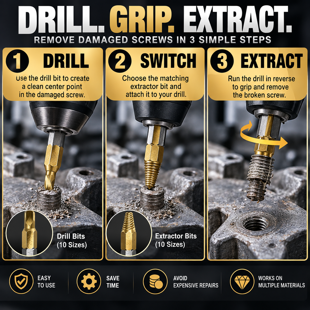 🔧 20PC Broken Bolt Extractor Kit – Remove Stripped & Stuck Screws Fast