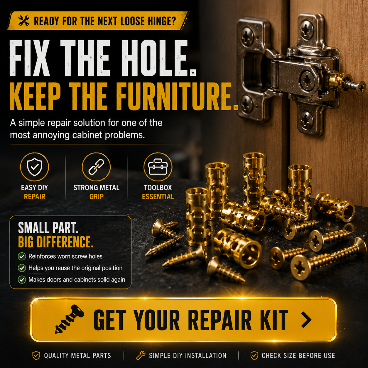 🔩 Stripped Screw Hole Repair Anchors  Restore loose cabinet hinges without moving or replacing them.