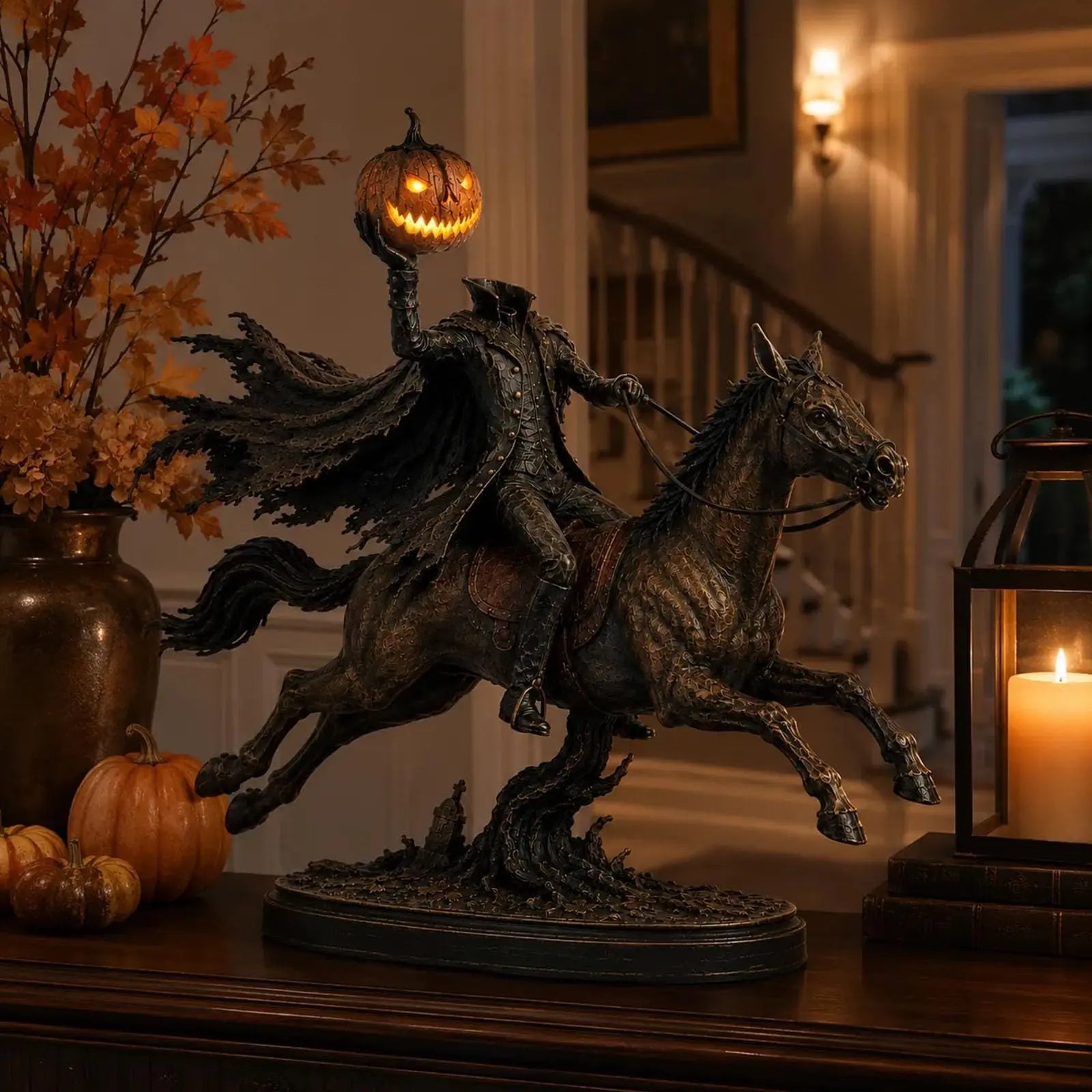 Lighted Headless Horseman Statue holding glowing pumpkin