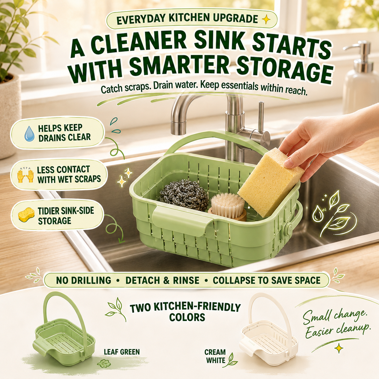 🧼 3-in-1 Collapsible Hanging Sink Strainer Basket – Rinse, Drain & Organize