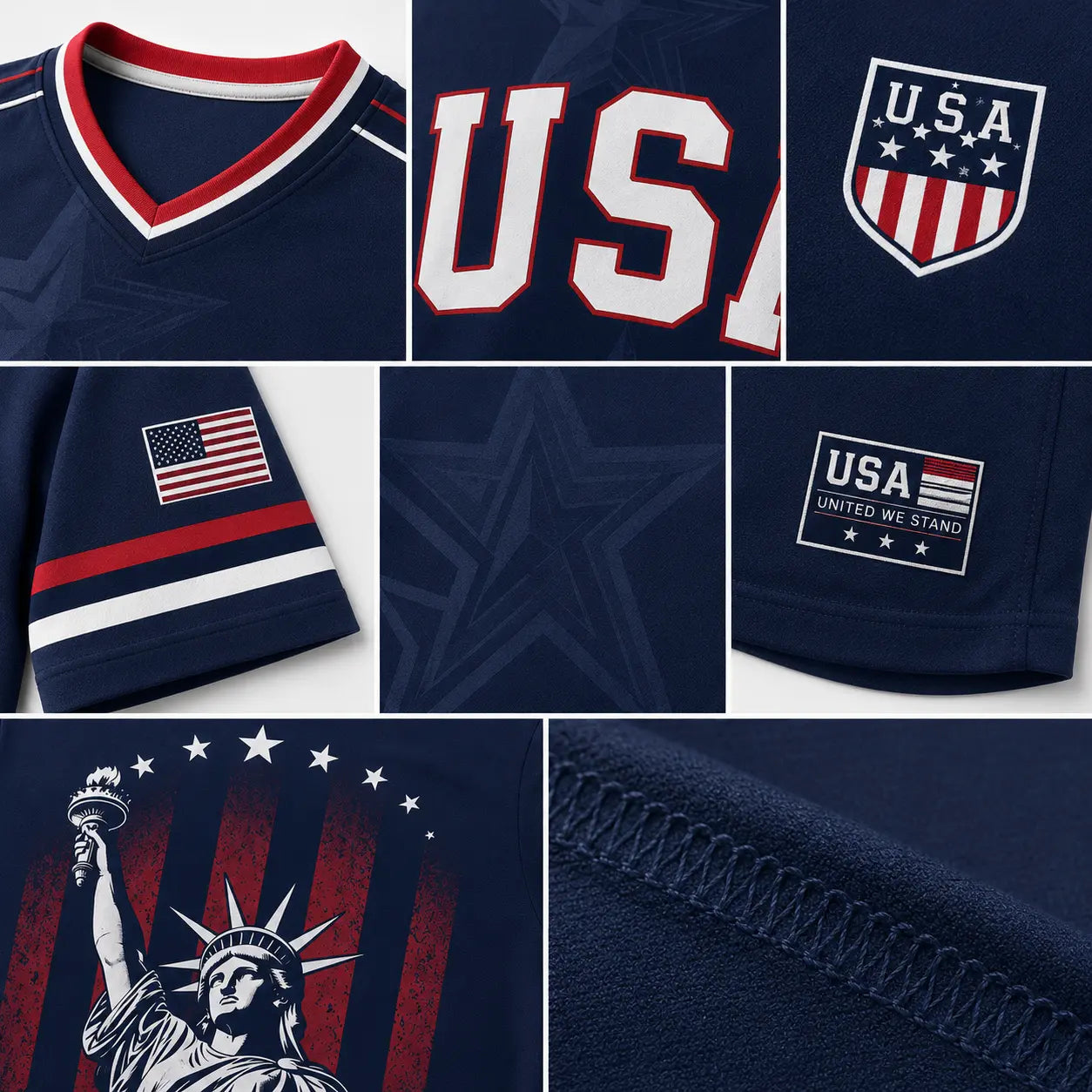 USA Soccer Jersey Men Women Navy Patriotic American Flag Football Shirt Statue of Liberty Graphic V Neck Sports Tee Red White Blue Stars Stripes Short Sleeve Athletic Top 4th of July Independence Day Fan ApparelUSA Soccer Jersey Men Women Navy Patriotic A