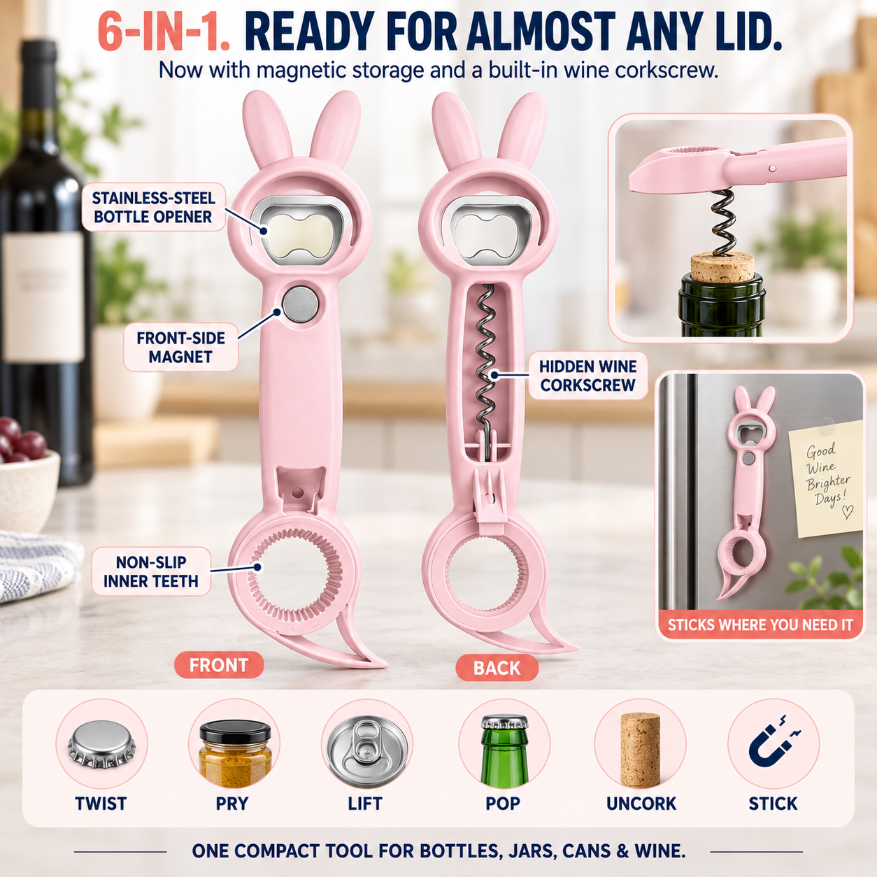 🐰 6-in-1 Magnetic Rabbit Opener – Jar, Bottle, Can & Wine Opening Tool