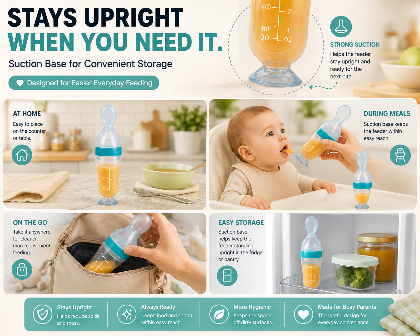 👶 90ml Baby Food Squeeze Feeder – One-Hand Feeding Spoon with Suction Base