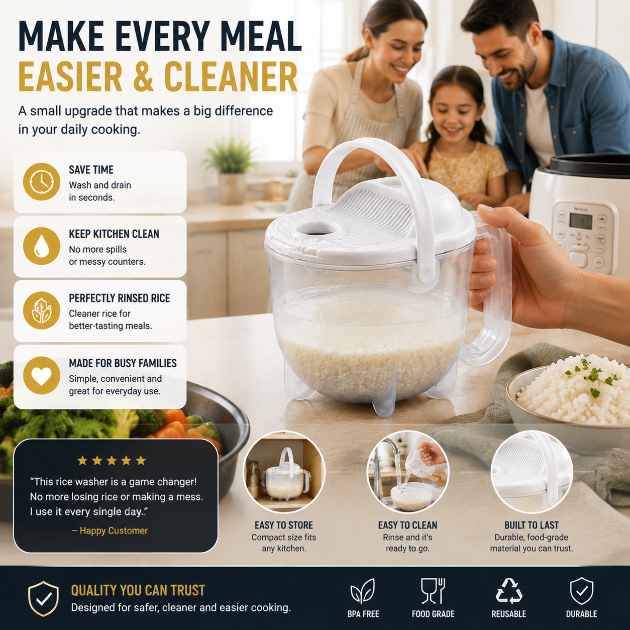🍚 No-Mess Rice Washing Bowl – Transparent Rice Strainer with Easy Drain Handle for Faster Kitchen Prep