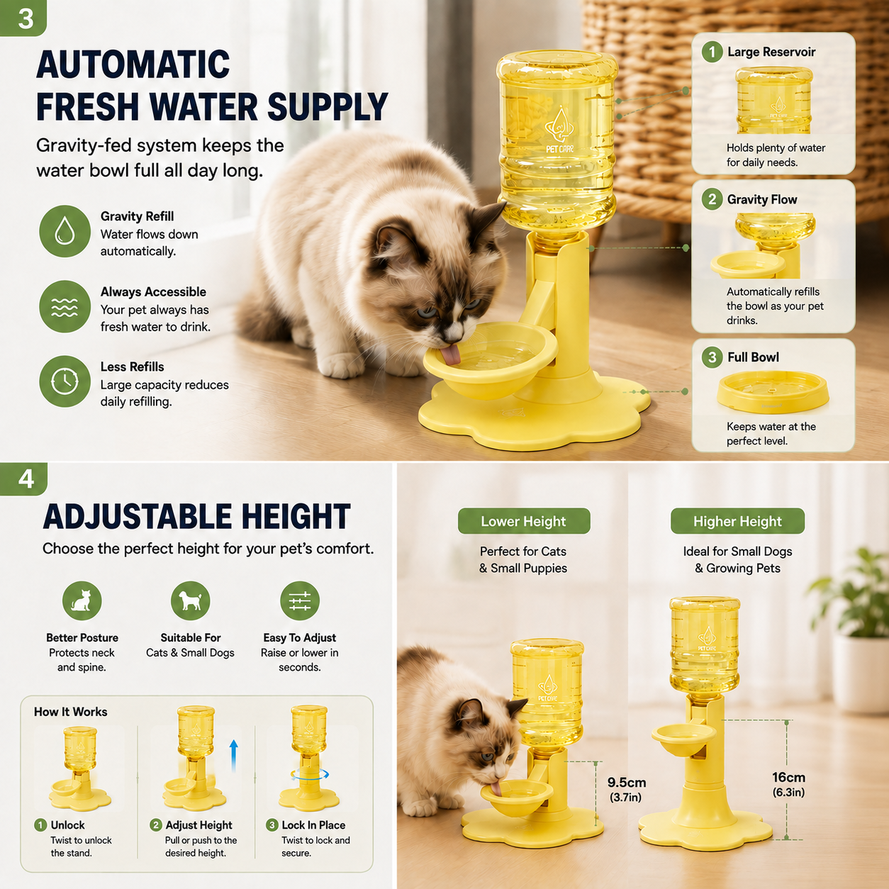 🐾 Adjustable Height Pet Water Dispenser – Self-Filling Gravity Water Bowl for Cats & Small Dogs
