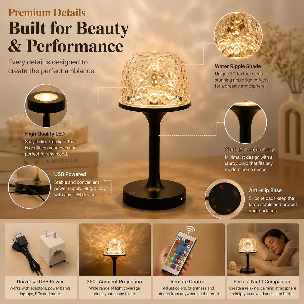 🌊 Water Ripple Ambient Lamp – 2-in-1 USB Powered Mushroom Mood Light for Bedroom, Bathroom & Cozy Home Decor