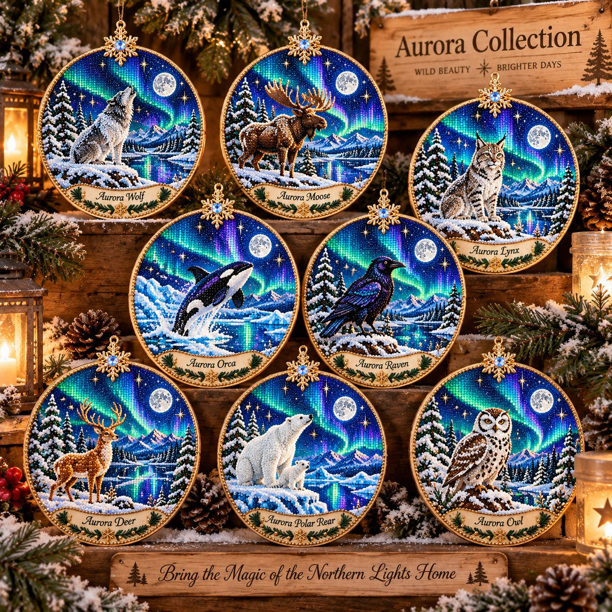 🌌 14-Day Aurora Diamond Painting Advent Calendar – DIY Wooden Christmas Ornament Kit